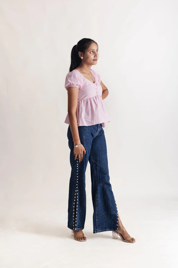 Slit Cut Pearl Wide Leg Denim